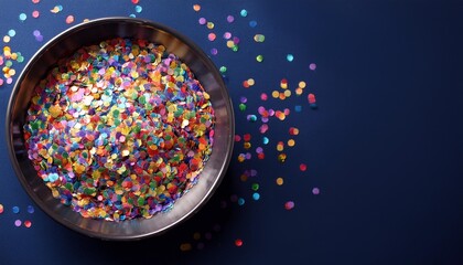 Wall Mural - a bowl filled with colorful confetti on a dark blue background