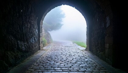 stone archway in misty darkness with a paved floor creating an intriguing pathway to an unseen destination suitable for mysterious themes misty stone archway dark revealing hidden path