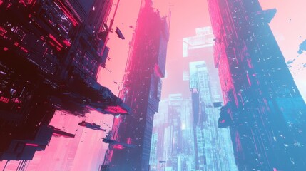 Poster - A Futuristic Cityscape with Tall Buildings and Neon Lights