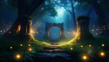 Wall Mural - a mystical forest bathed in the glow of enchanted fireflies with ancient ruins peeking through the f