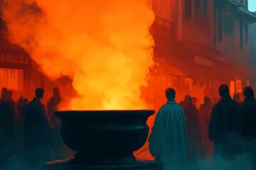 A mystical scene with monks around a large cauldron emitting vibrant orange smoke.