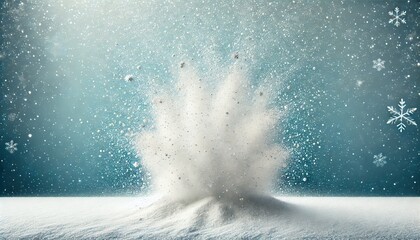 Snow explosion against a blue snowy background with snowflakes