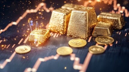 Aufkleber - Gold Bars and Coins with Financial Chart Background