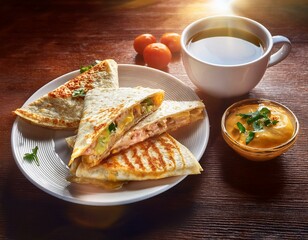 Delicious plate of chicken and cheese quesadillas with black coffee for an healthy breakfast