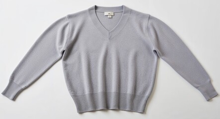 Light grey V neck sweater with ribbed hem on plain white background