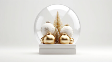 Wall Mural - christmas 3d white glass snow ball dome with white and gold christmas balls. realistic white decorat