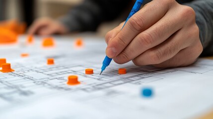 Canvas Print - A designer is drawing an interior hand architect reviewing blueprints on table