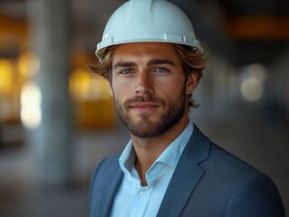 Poster - portrait of Young businessman with hard hat concept of professionalism and confidence