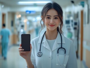 Poster - smile doctor smartphone display blank at hospital background