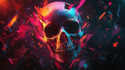 Wall Mural - A skull split into angular, floating geometric fragments, surrounded by chaotic graffiti lines and splashes of vibrant paint. The pieces glow with neon colors, contrasting with the dark,