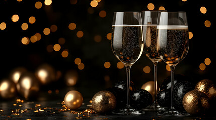 Three elegant glasses of sparkling drink with festive decorations.