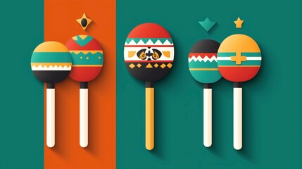 Wall Mural - Colorful illustrations of four maracas with geometric patterns and vibrant designs on a split teal and orange background, showcasing cultural musical instruments.