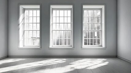 Wall Mural - three windows in a room let in light, casting shadows on the wooden floor