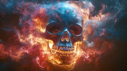 Wall Mural - A skull surrounded by swirling, glowing graffiti smoke, its form fading in and out as if caught in a mirage. The smoke flows in vibrant colors like electric blue, hot pink, and bright yellow,