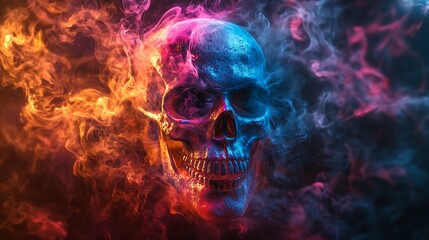 Wall Mural - A skull surrounded by swirling, glowing graffiti smoke, its form fading in and out as if caught in a mirage. The smoke flows in vibrant colors like electric blue, hot pink, and bright yellow,