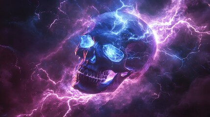 Wall Mural - A skull surrounded by swirling neon blue and violet lightning patterns, with the electric arcs creating a mesmerizing effect. The lightning bolts twist and wrap around the skull,