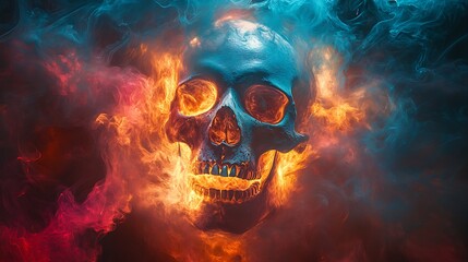 Wall Mural - A skull surrounded by swirling, glowing graffiti smoke, its form fading in and out as if caught in a mirage. The smoke flows in vibrant colors like electric blue, hot pink, and bright yellow,