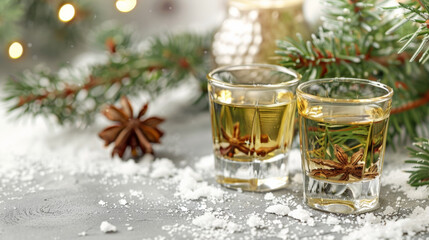 Two shot glasses gin or herbal tincture standing on snow surface. Christmas decorations and fir branches in the background.