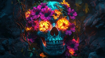 Wall Mural - A skull with abstract flowers blooming from its eye sockets and mouth, with petals in bright neon colors like pink, yellow, and teal. The flowers are entangled in graffiti vines,