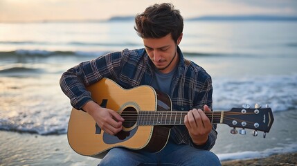 young man playing guitar on the beach