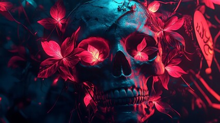 Wall Mural - A skull with abstract graffiti vines and flowers wrapping around its surface, each leaf and petal glowing with vivid neon colors. The dark background is covered in graffiti tags and patterns,