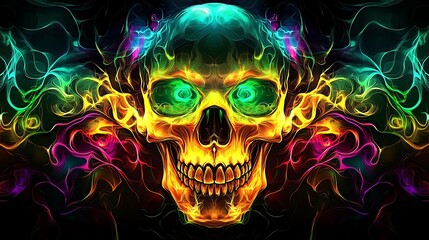 Wall Mural - A skull with bold, glowing tribal designs, featuring intricate lines and abstract shapes in vibrant neon colors like green, yellow, and purple. The patterns wrap around the skull,