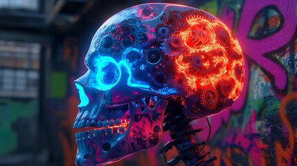 Wall Mural - A skull with mechanical gears and cogs interlocking with its form, each piece glowing softly in neon blue and red. The graffiti-covered background features chaotic patterns in bold colors like green,