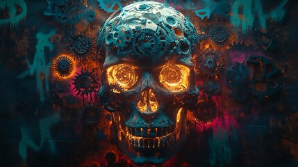 Wall Mural - A skull with mechanical gears and cogs interlocking with its form, each piece glowing softly in neon blue and red. The graffiti-covered background features chaotic patterns in bold colors like green,