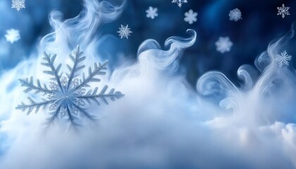 Sticker - a blue and white background featuring drifting snowflakes a solitary snowflake within a waft of smoke