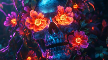 Wall Mural - A skull with neon-colored flowers blooming from its eye sockets, vibrant petals in red, cyan, and orange spreading outward.