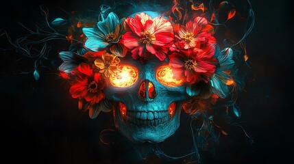 Wall Mural - A skull with vibrant flowers growing from its eyes and mouth, with neon petals in bright shades of red, teal, and yellow. Graffiti vines twist and wrap around the skull, creating a dynamic,