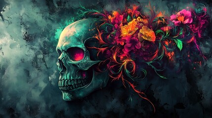 Wall Mural - A skull wrapped in abstract graffiti-style vines and flowers, bright neon colors glowing against the dark, gritty background. The organic elements blend seamlessly with the graffiti patterns,