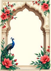 a peacock standing in an ornate mughal archway with red hibiscus flowers