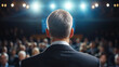 © well - A front view of a professional presenting a business plan on a projector screen to an audience of investors