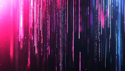Poster - Screen filled with dynamic code in neon colors, surrounded by a soft, colorful bokeh background, representing technology, coding, and a futuristic digital environment