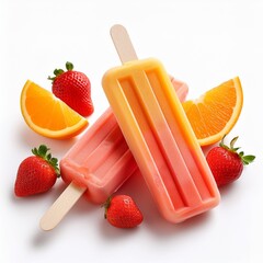 Wall Mural - orange and strawberry popsicles isolated on white background