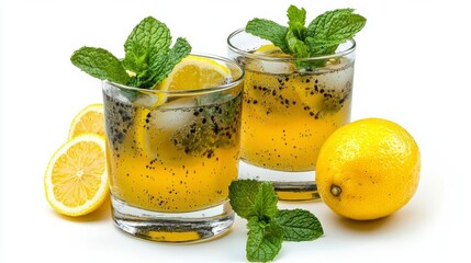 Fresh lemon drink garnished with mint, served over ice in clear glasses, perfect for a refreshing summer beverage.