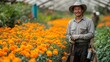 © Nataliia_Trushchenko - Man wearing a hat is standing in a greenhouse. He is holding a gardening tool. dedicated flower farm worker standing confidently in vibrant greenhouse filled with rows of blooming orange flowers.