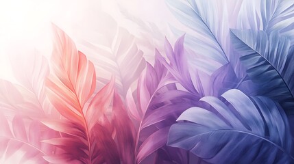 Canvas Print - A composition of stylized pastel-colored tropical leaves, overlapping palm fronds and fern leaves, soft gradients of lavender, peach, and aqua, subtle shadows for depth,