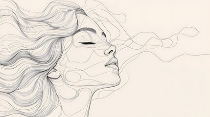 A continuous line art portrait of a woman with flowing hair, abstract shapes and delicate curves capturing her features, minimalist style with no shading, placed on a subtle pastel background,