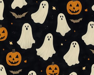 Wall Mural - A playful Halloween-themed pattern featuring ghosts, pumpkins, and bats.