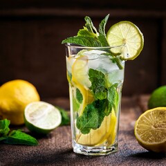 Canvas Print - mojito cocktail with lime lemon and mint in a glass on a dark rustic background fresh summer cocktail lemon mojito