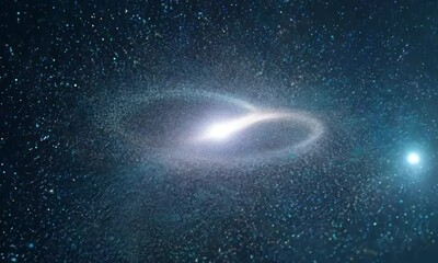 Abstract galaxy background with swirling lights and a bright center.