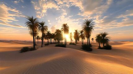 Wall Mural - Beautiful oasis in the sandy desert, panorama of the desert landscape, sunset over the sands, 3D rendering