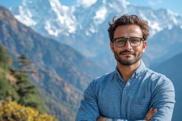 Man with glasses is standing in front of a mountain range. He is looking at camera. Indian man with fair skin, wearing smart casual attire, modern spectacles, standing confidently on a mountain trail