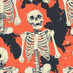 Wall Mural - A playful pattern featuring skeletons against a vibrant orange background.