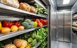 © JP STUDIO LAB - Walk-in industrial refrigerator with rows of neatly arranged produce and bread, clean and organized, stainless steel shelving, large-scale food storage solution