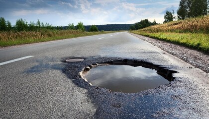 Wall Mural - a road with a pot hole filled with water