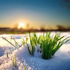 Wall Mural - green grass growing under melting snow at sunrise end of winter spring snow melt and plants waking up