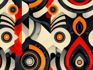 Abstract geometric pattern with orange, black, and white circles and teardrop shapes on a cream background.